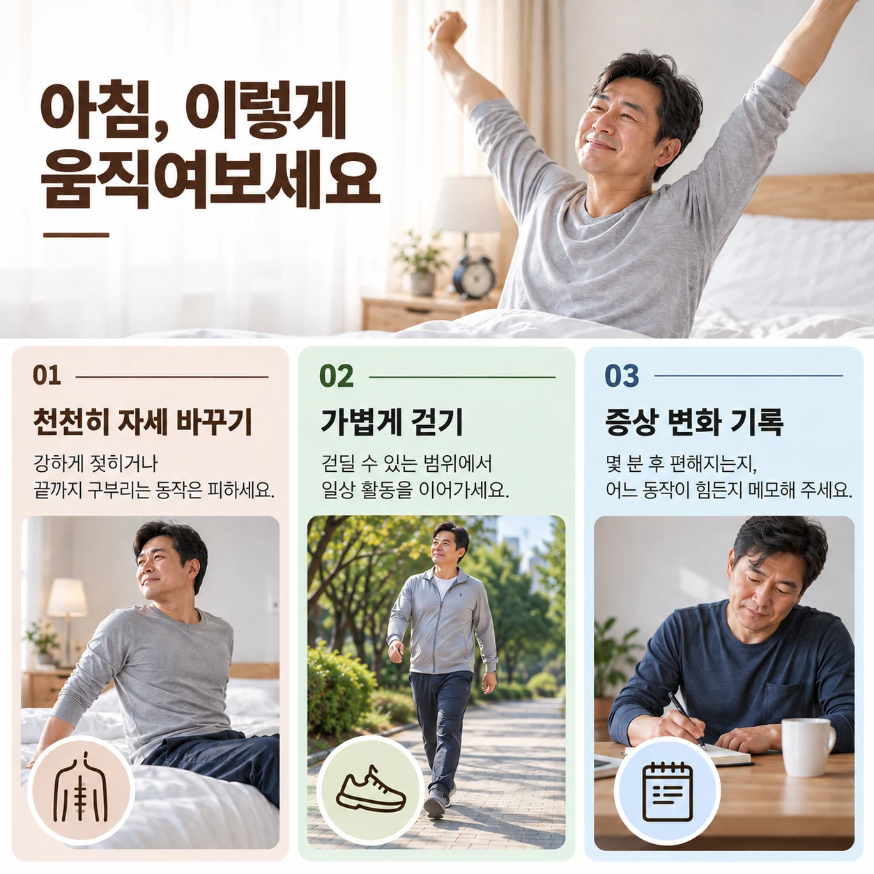 천천히 일어나기와 가벼운 걷기, 증상 기록