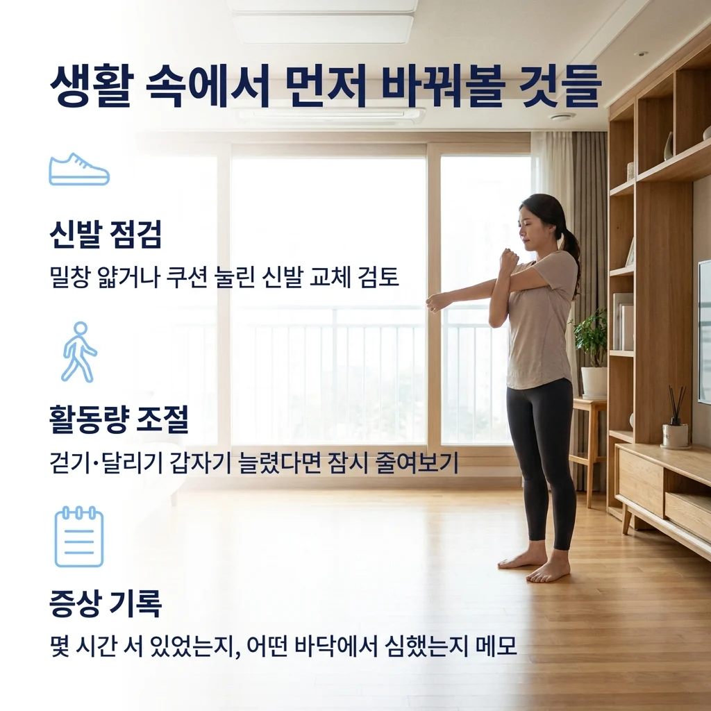 신발 점검과 활동량 조절, 증상 기록