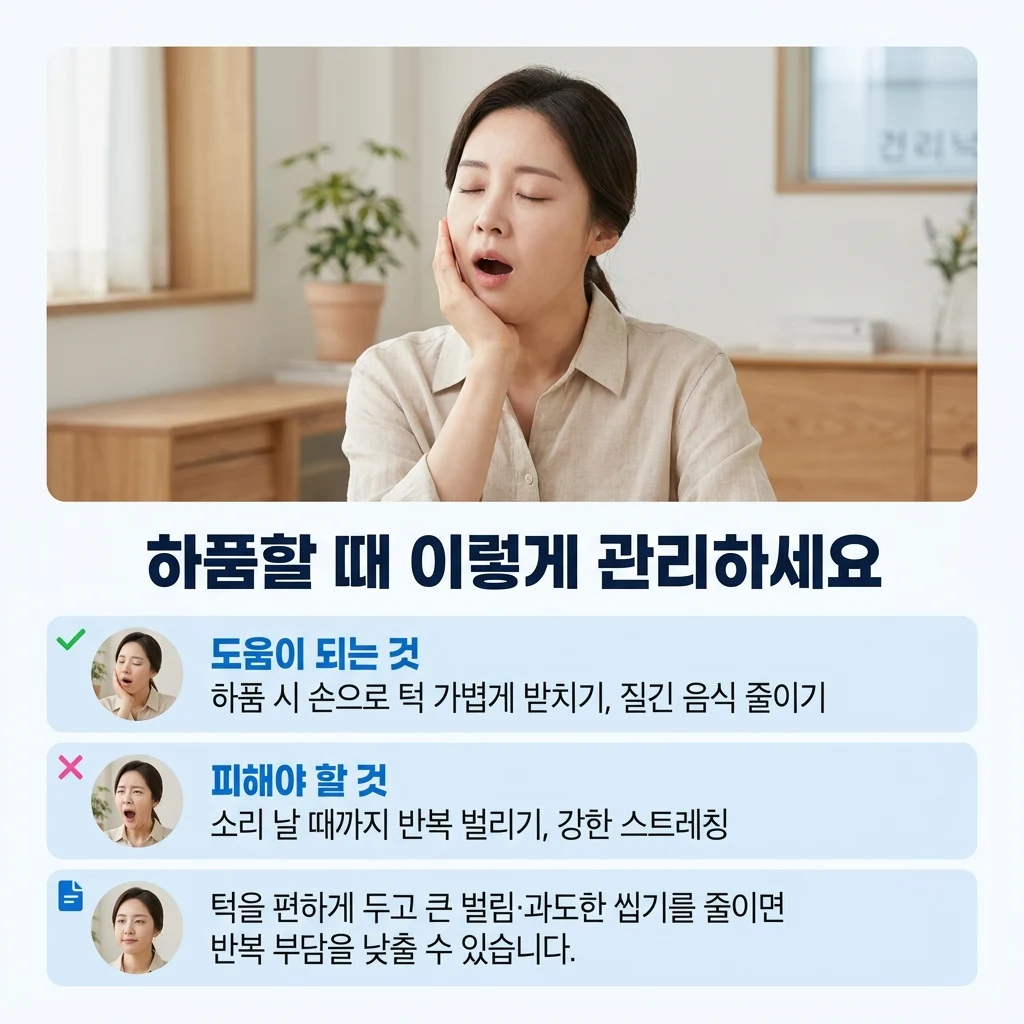 하품할 때 큰 벌림과 강한 스트레칭 줄이기