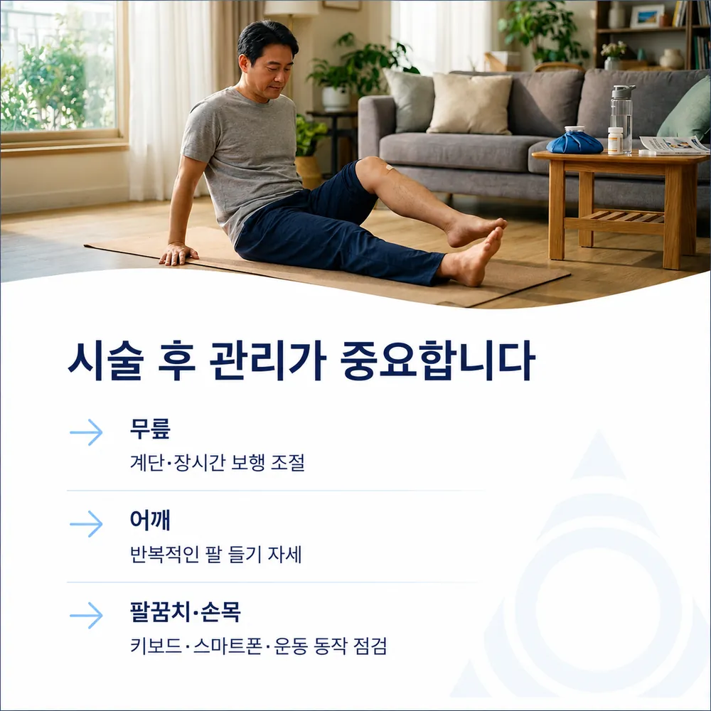 시술 후 무릎, 어깨, 팔꿈치·손목의 생활 관리 안내