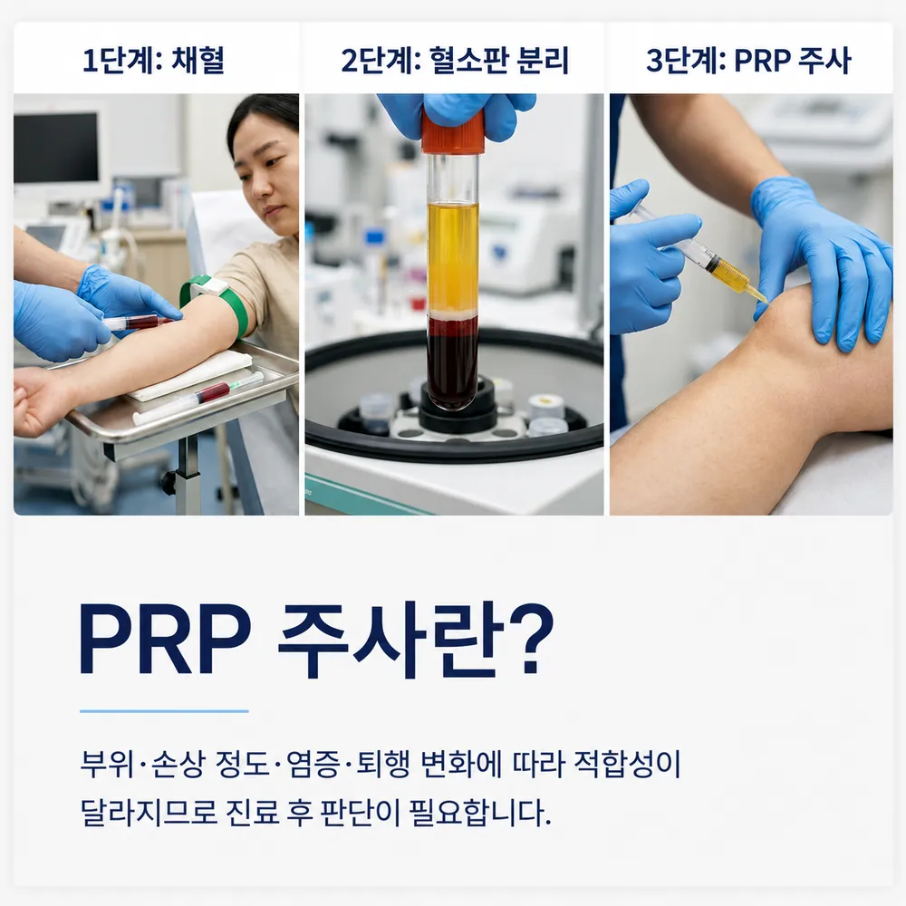 PRP 주사 과정 — 1단계 채혈, 2단계 혈소판 분리, 3단계 주사